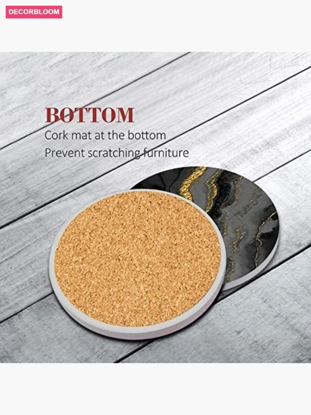 6 Round Stone Absorbent Coasters with Cork Base & Metal Holder